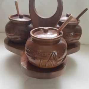 VINTAGE MONKEY POD WOOD CONDIMENT SET